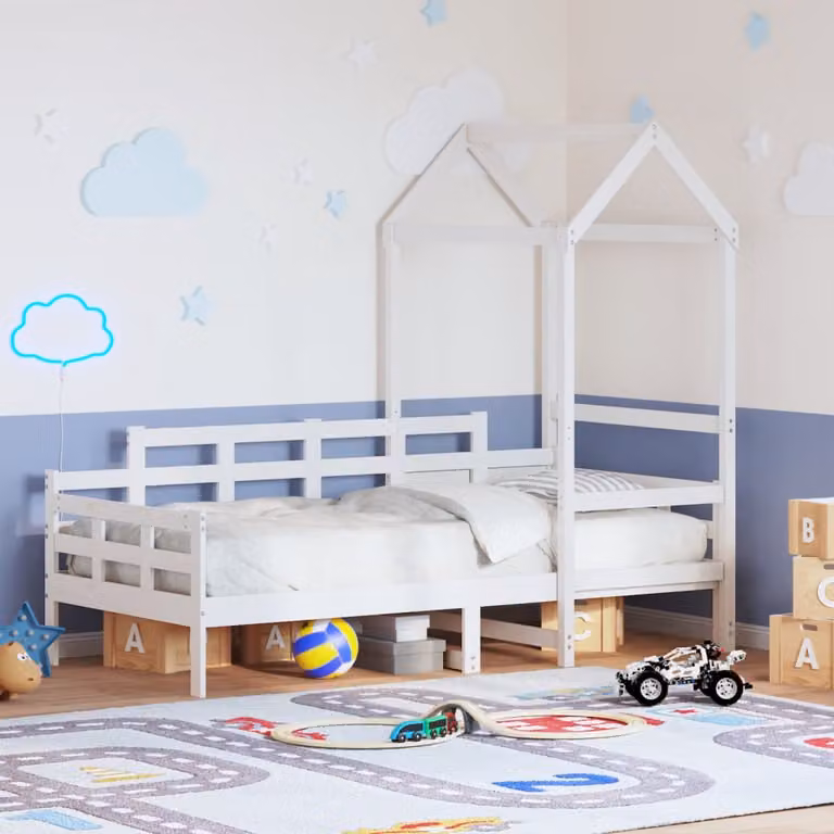 vidaXL Letto a casetta per bambini in legno massello di pino bianco L 200 x P 80 cm