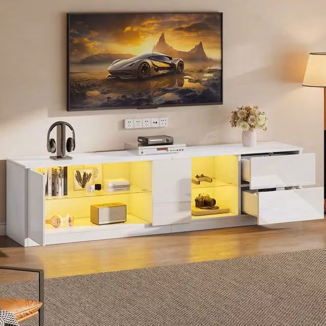 Mobile TV moderno MODFU bianco lucido con illuminazione LED integrata e USB, L/P/H: 160 x 40 x 52 cm