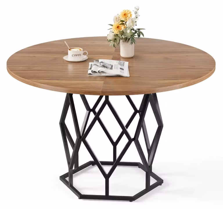 Tavolo rotondo da pranzo - Tavolo da cucina da 120 cm - Adatto per 4-6 persone - Struttura in metallo con gambe in ferro a forma di diamante - Piano in legno dal design industriale - Colore: verde kaki scuro