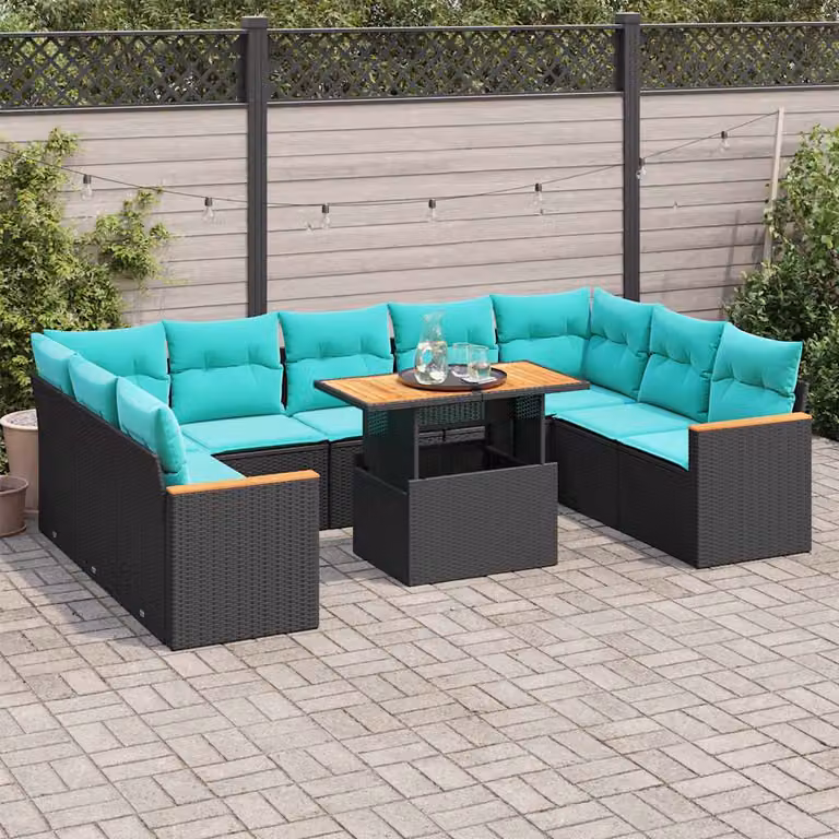 Set di divani da giardino vidaXL 10 pezzi in polyrattan nero con cuscini blu e turchesi e struttura in legno di acacia oliato