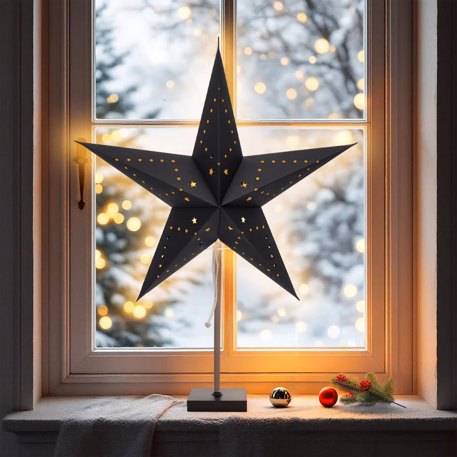 3.03 Stella luminosa in carta su base per lampadina E14 - circa 60 cm - Stella LED in nero