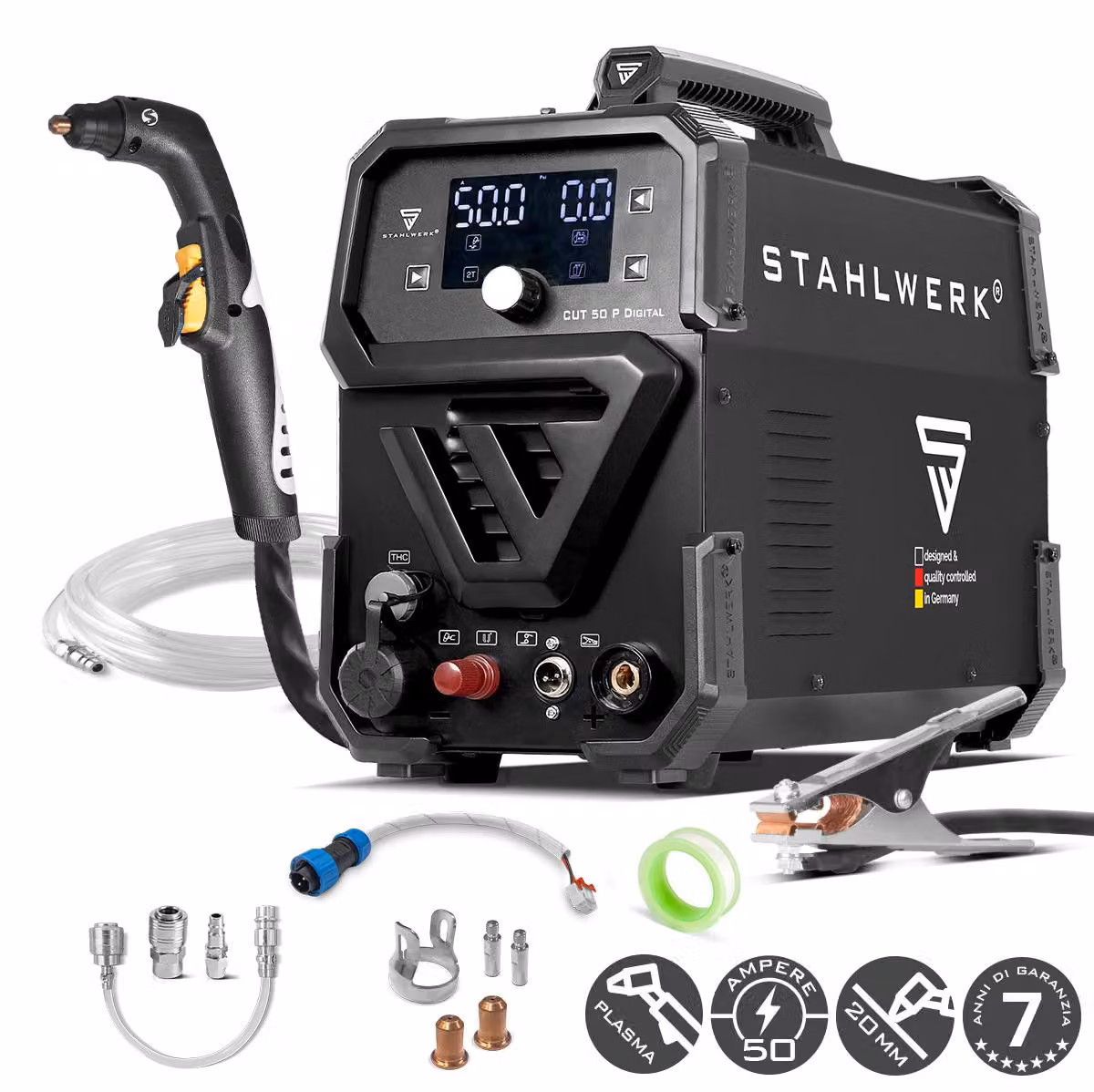 STAHLWERK Taglierina al plasma CUT 50 P Digital - Taglierina al plasma da 50 A, capacità di taglio fino a 20 mm, taglierina al plasma a inverter con accensione a ritorno d'aria