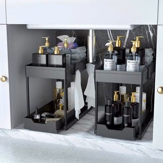 Organizzatore sotto il lavandino - 2 pezzi organizzatore di bagno - cassettiera a 2 livelli con cassetto a scomparsa organizzatore di bagno - carrello multifunzionale per raccogliere oggetti di bagno - bagno (nero)