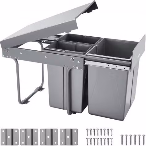 Pattumiera da cucina estensibile VEVOR in metallo e plastica, sistema scorrevole sottolavello con coperchio a ribalta, colore grigio, capacità 40 L (20+10+10 L)
