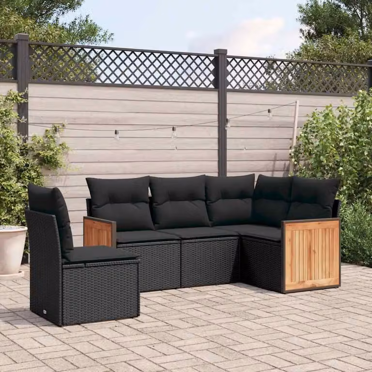 vidaXL Set Divani da Giardino a L 5 pz in Polyrattan Nero con Cuscini Imbottiti e Rivestimenti Rimovibili