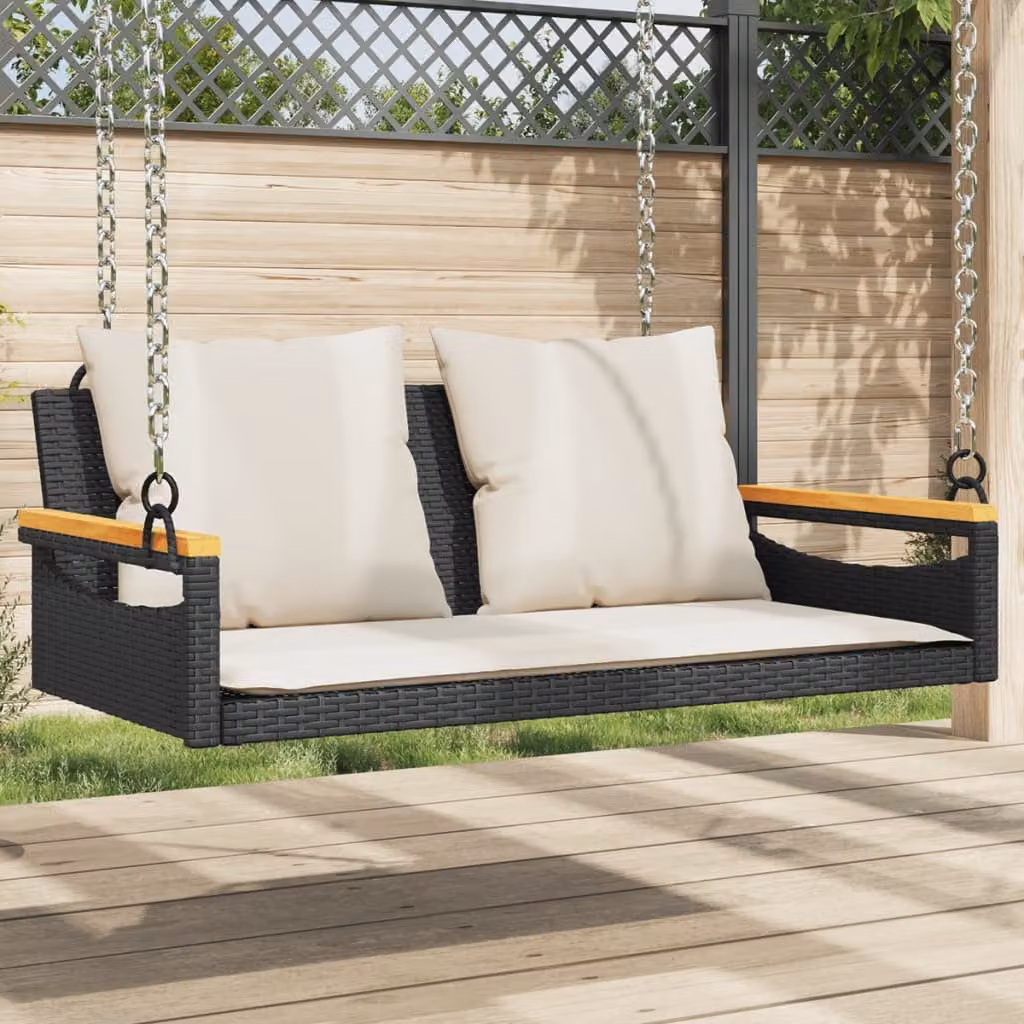 Panchina a dondolo vidaXL in polyrattan e legno di acacia oliato con cuscini, colore nero e bianco, L 109 x P 62 x H 40 cm