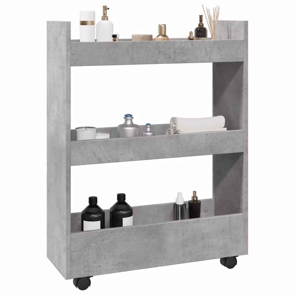 vidaXL Carrello Stretto a 3 Livelli Grigio con Ruote in MDF e Materiale Composito