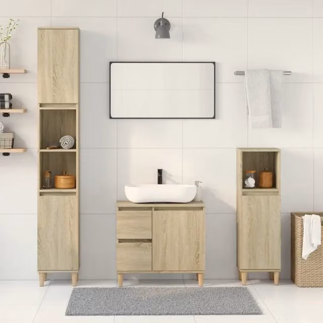 Set di mobili da bagno 3 pezzi vidaXL in legno MDF color marrone e beige con mobile lavabo, colonna alta e mobile laterale con ripiani aperti