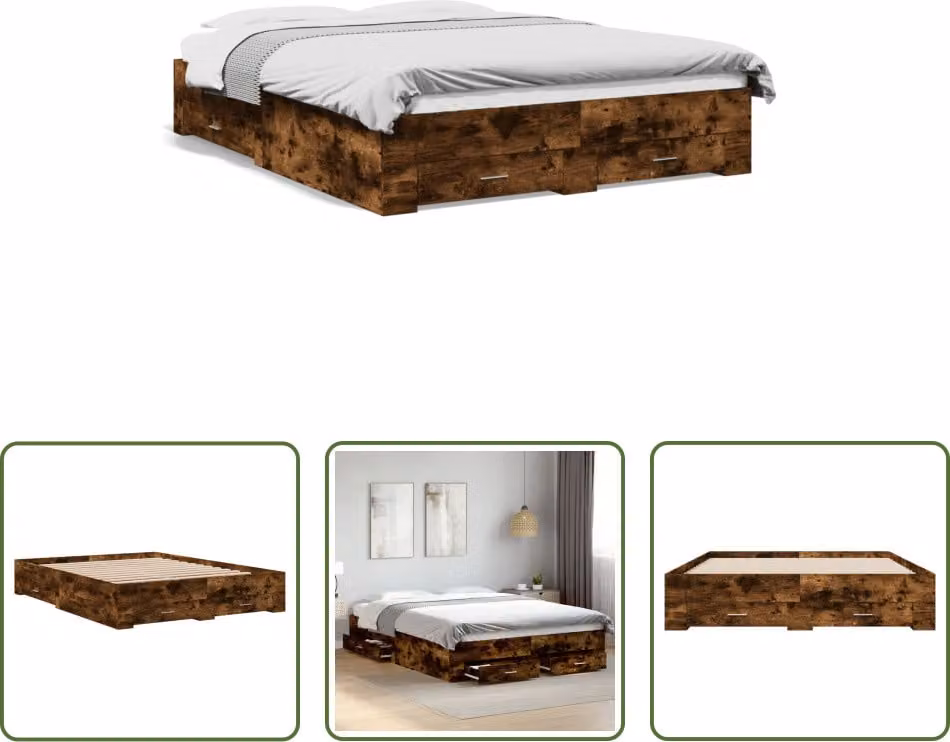 The Living Store Struttura per letto con cassetti in rovere fumé 160x200cm Materiale in legno