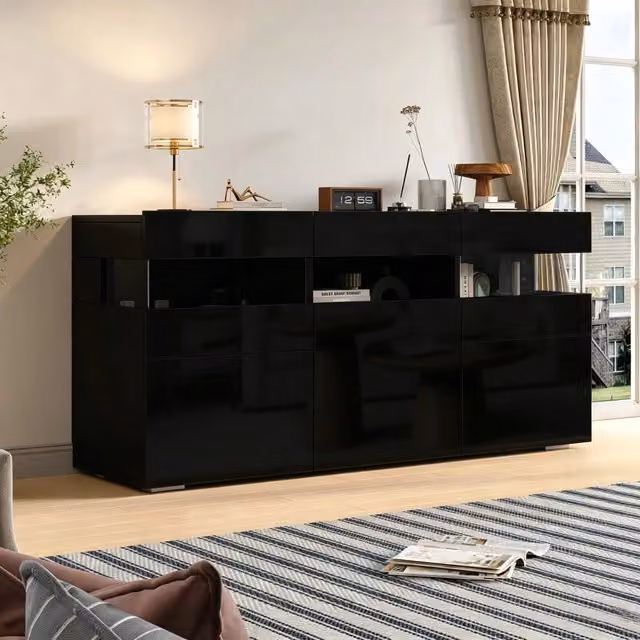 Credenza Minimal con 3 ante e 7 vani, nero lucido con striscia LED integrata, L 140 cm x P 40,5 cm x H 66,5 cm