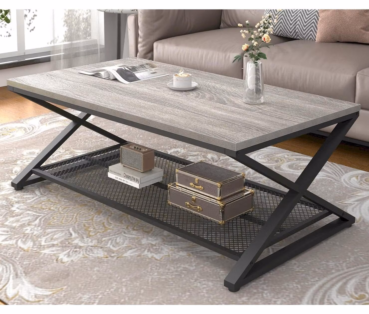 Tavolino da salotto rettangolare - 120 x 60 cm - Nero effetto rovere - Due ripiani - Per soggiorno e ufficio