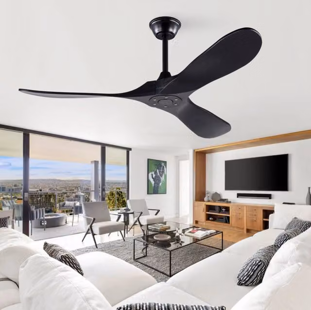 Ventilatore da soffitto MODFU nero con 3 pale in legno e telecomando, diametro 132 cm