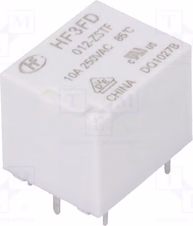 1 relè: elettromagnetico, 10A/250VAC. Bobina: 12VDC, 10A. Modello: HF3FD/012-ZSTF. Elettrico