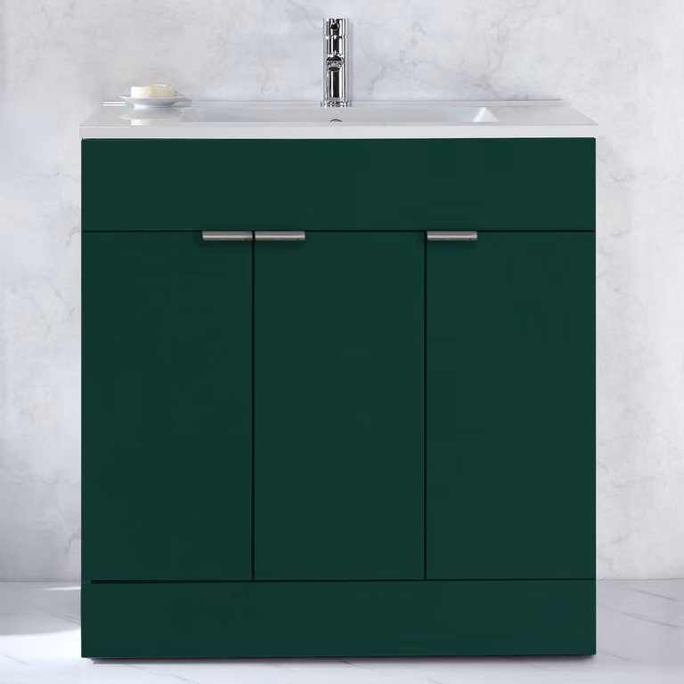 Mobile Bagno a Terra Verde Scuro da 810mm con Lavabo e Maniglie con Impugnatura a Dito Cromate - Cluo