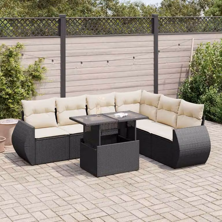 Set Divano da Giardino a L con Cuscini vidaXL, 7 Pezzi, Nero e Bianco, con Tavolino da Esterno e Struttura in Metallo e Polyrattan