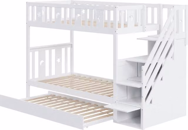 Letto a castello per bambini 90x200 cm in legno massello con letto estraibile 90x190 cm, scaletta di sicurezza e vano contenitore, bianco