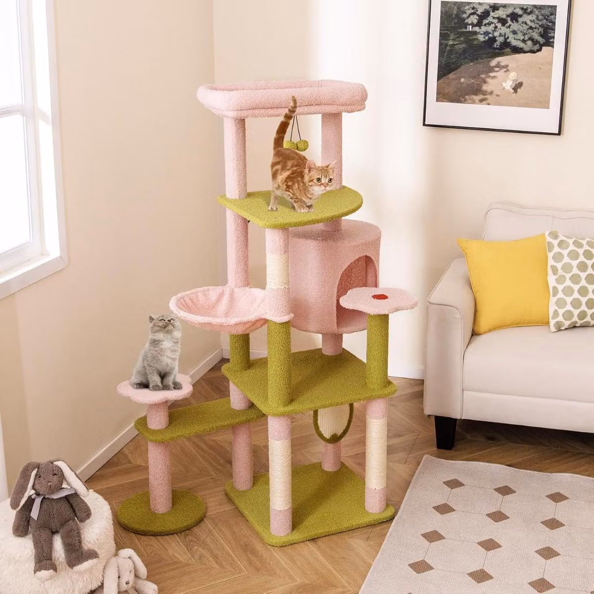 Albero per gatti a più livelli Costway con piattaforma superiore imbottita e giocattoli integrati, Rosa e Verde