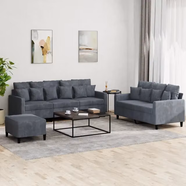 Set di divani moderno vidaXL in velluto grigio composto da divano a 3 posti, divano a 2 posti e pouf con cuscini inclusi – 1
