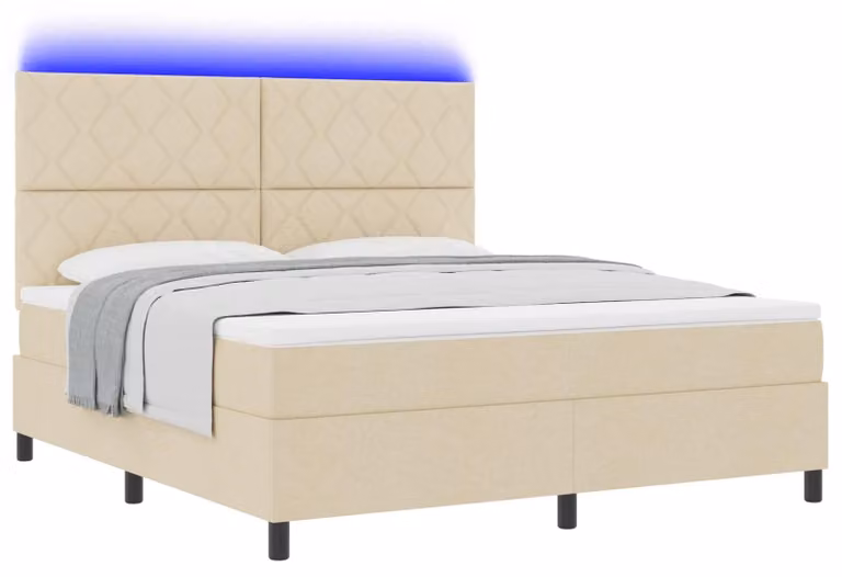 Letto boxspring con strisce luminose a LED, color crema, 180 x 200 cm, rivestimento in tessuto