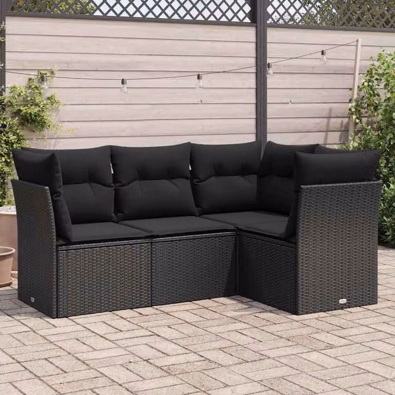 Set di divani da giardino vidaXL in polyrattan nero con cuscini, design moderno a forma di L per esterno