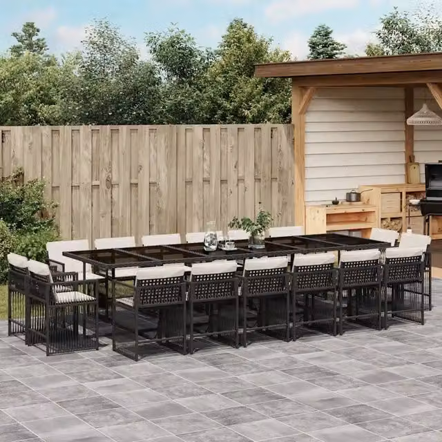 Set da pranzo da giardino vidaXL in polyrattan nero e bianco con cuscini e tavolo in vetro