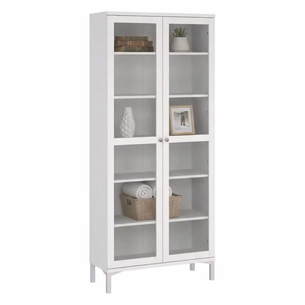 Vetrina Wutip DMORA bianca con ante in vetro per soggiorno e ufficio L: 89 cm, P: 36,25 cm, H: 202,8 cm – 2
