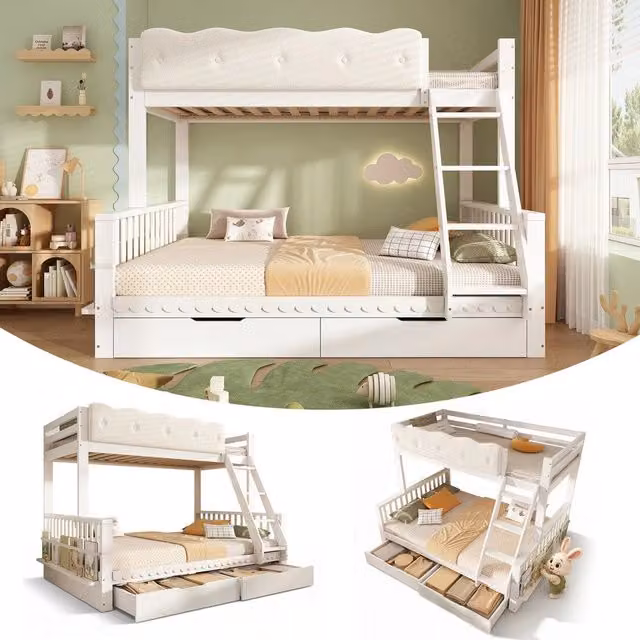 Letto a castello per bambini e adulti ¨C Minimal ¨C Bianco, pino legno, 90x200/140x200 cm con cassetti