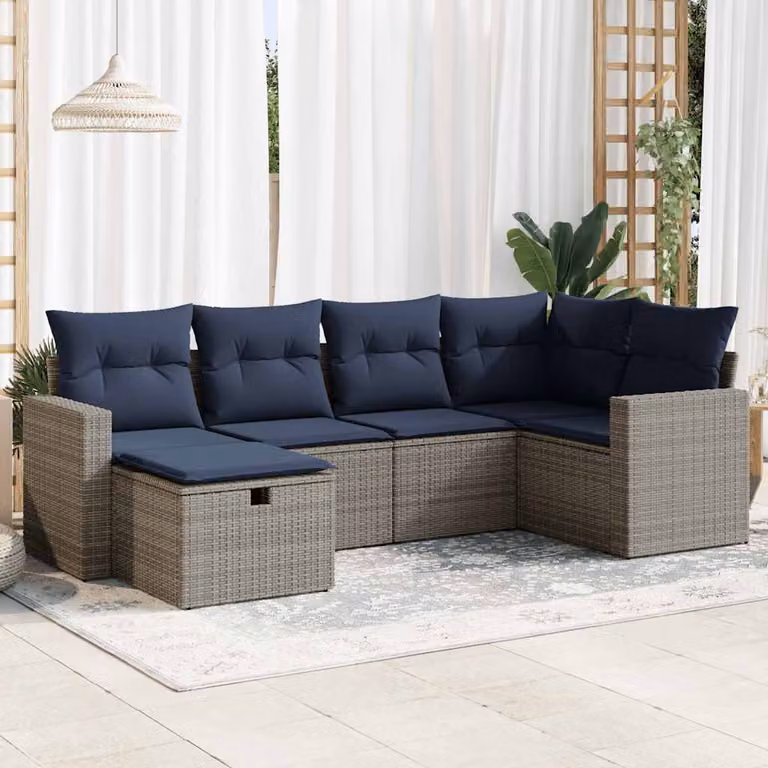 Set Divano da Giardino a L vidaXL in Polyrattan con Cuscini Grigio e Blu, 6 Pezzi con Struttura in Acciaio e Sedute Imbottite