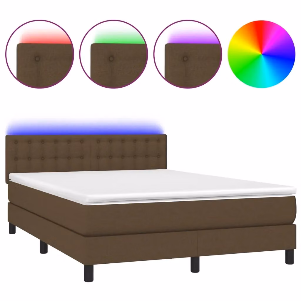 Letto con Materasso a Molle e Illuminazione LED vidaXL, Tessuto Marrone e Bianco, L 140 x P 190 cm – 2