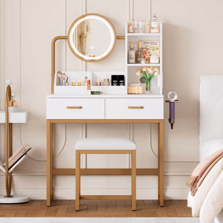 Tavolino da toilette Merax con sgabello, illuminazione LED, luminosità regolabile, specchio girevole, prese e USB, 2 cassetti, tavolino per cosmetici, Golden