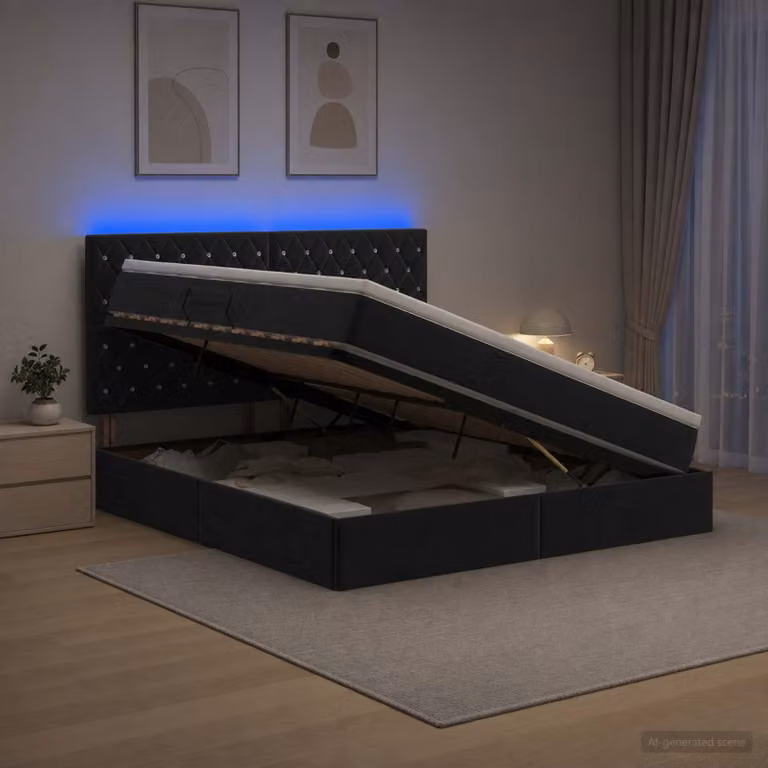 Letto con contenitore vidaXL in velluto nero con illuminazione LED e porte USB, L/P/H: 160 x 200 x 140 cm
