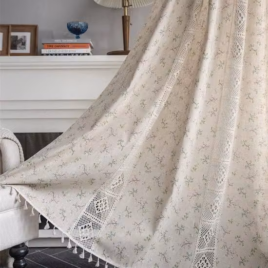 Set di 2 tendaggi Gordini in stile bohémien rurale, cotone e lino con decoro floreale, beige, semitrasparenti, L 160 cm x P 150 cm