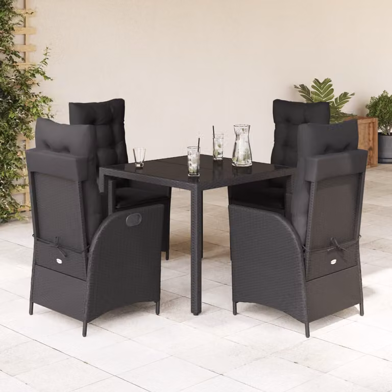 Set da Pranzo da Giardino vidaXL 5 pz in Polyrattan Nero con Cuscini e Tavolo in Vetro