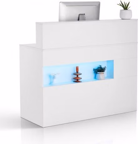 VEVOR Banco Reception Rettangolare Bianco con Luce a LED, 2 Cassetti e Prese, L: 120 cm, P: 47,5 cm, H: 100 cm