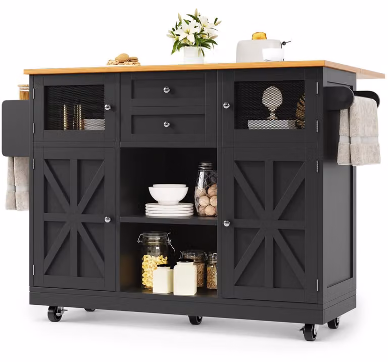 Isola da cucina con piano di lavoro, mobiletto buffet, finitura effetto legno, portasciugamani, colore nero, dimensioni 140x70x93,5 cm
