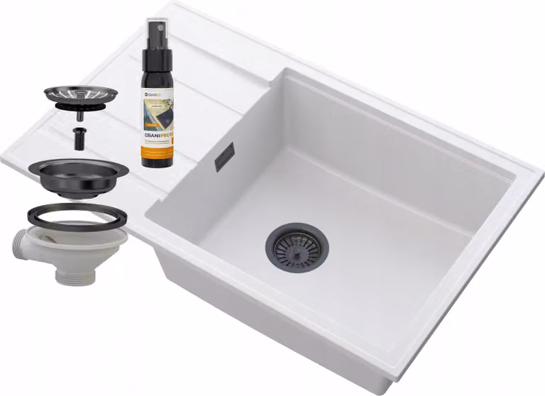 Granitan - Lavello in granito - Lavello da cucina - 80x50 cm - Bianco - con sifone e scolapiatti - Lavello - LOUIS