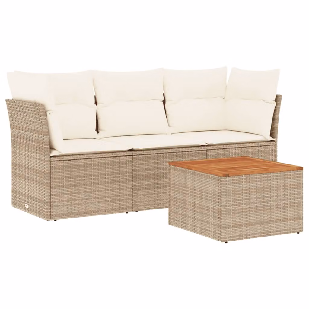 Set Divano da Giardino 4 pz con Cuscini Beige in Polyrattan