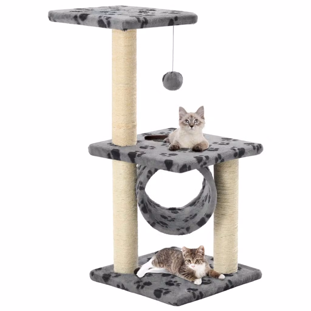 Albero per gatti e tiragraffi in sisal vidaXL con decorazione animal print e giocattoli integrati, Grigio e Nero, Altezza: 65 cm