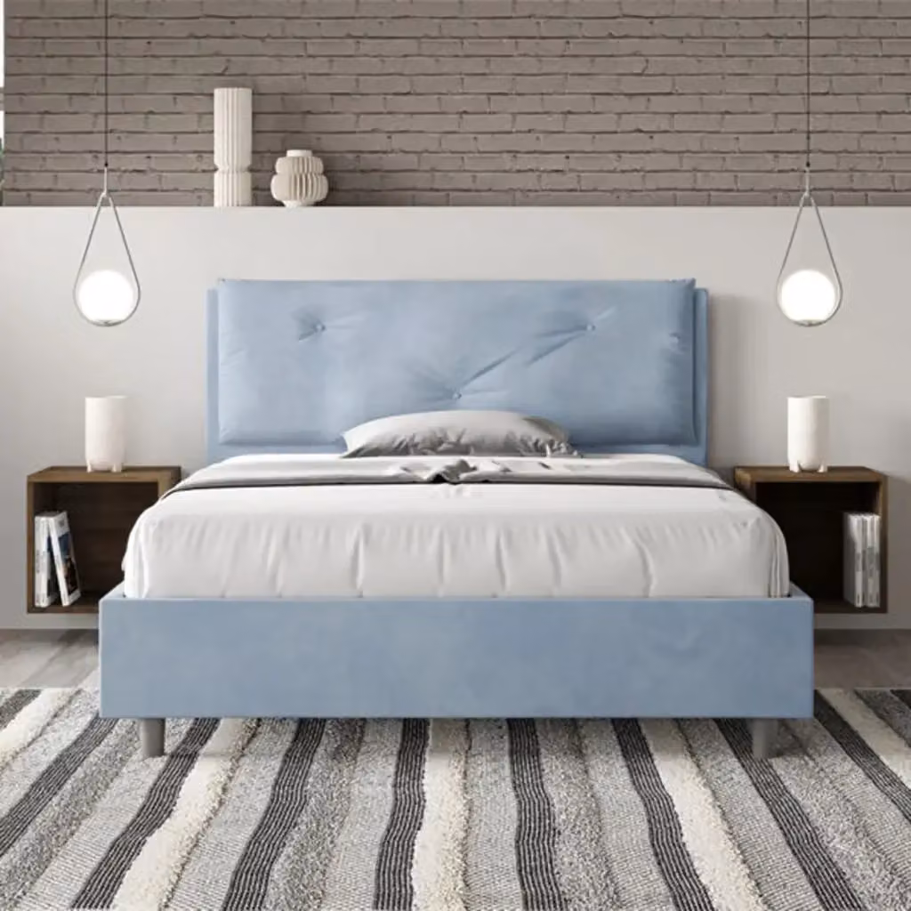 Letto matrimoniale francese Appia Large Ityhome con rete imbottita in microfibra azzurro L/P: 140 x 200 cm – 2