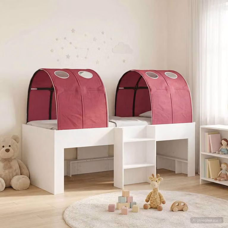 vidaXL Letto per bambini con tunnel in legno ingegnerizzato e tessuto, Bianco e Rosso, L: 193 cm, P: 120 cm, H: 96 cm
