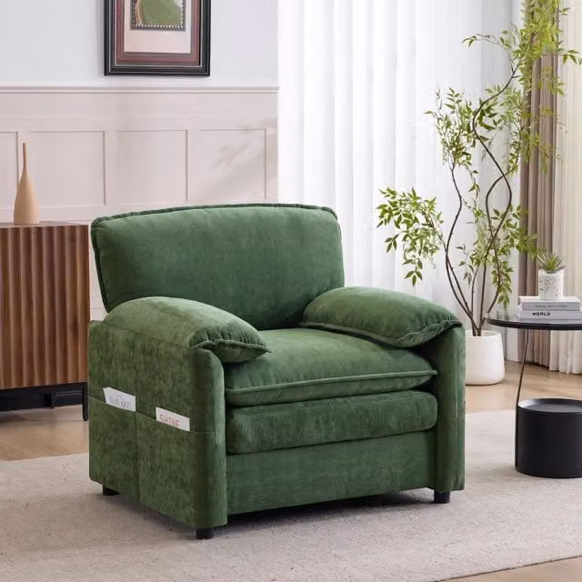 Canapé droit con tasche laterali e seduta imbottita per soggiorno balcone e studio in velluto chenille verde scuro