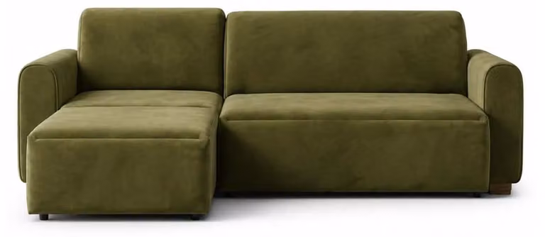 Divano angolare da salotto, design elegante, rivestito in tessuto, con possibilità di estensione per creare una superficie letto