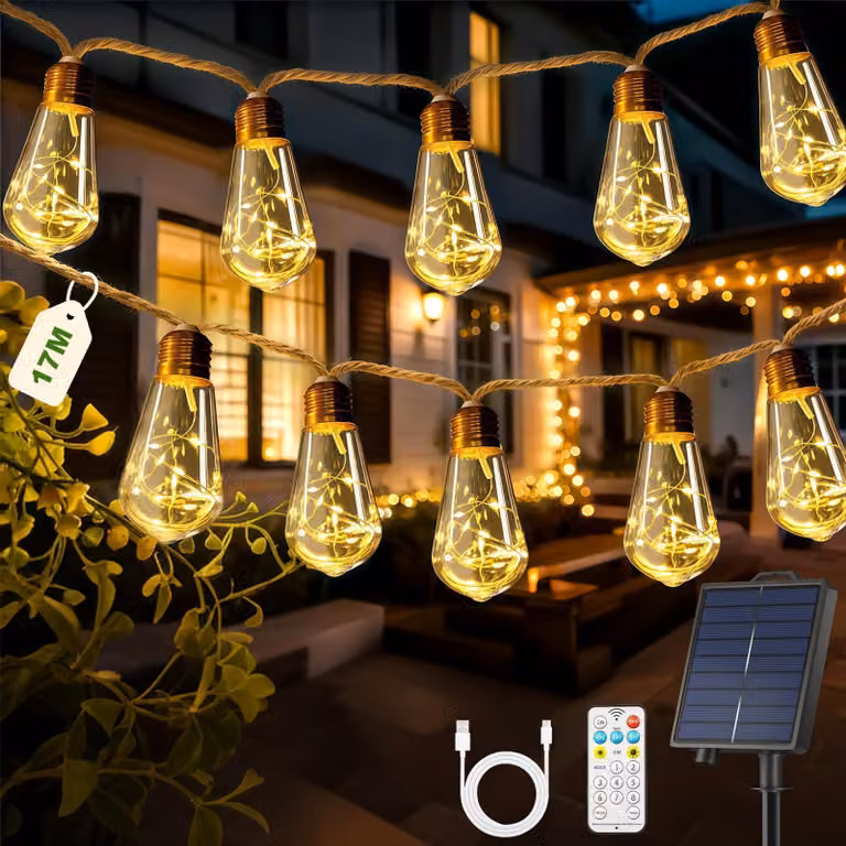 Catena luminosa solare con 30 LED bianchi caldi modello S17, lunghezza 17 metri, grado di protezione IP65
