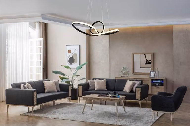 Designer Schwraze Sofagarnitur Luxus Wohnzimmer Couchen Holzgestell Set