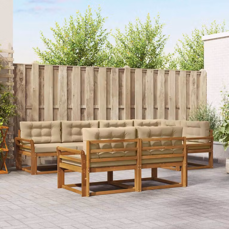 Set di divani da esterno vidaXL a forma di U in legno di acacia con cuscini, 8 pezzi, Beige e Marrone