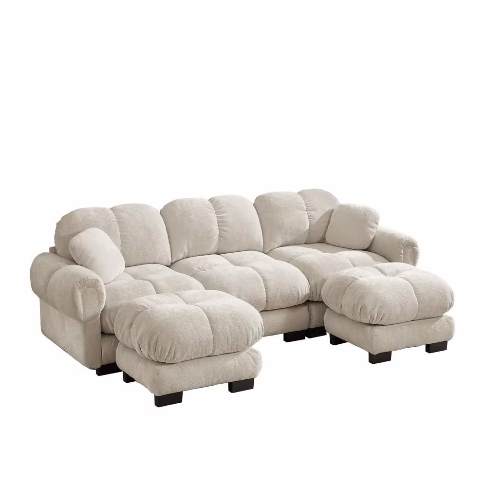 Divano 3 posti Minimal con poggiapiedi e cuscini trapuntati in tessuto beige chiaro – 2
