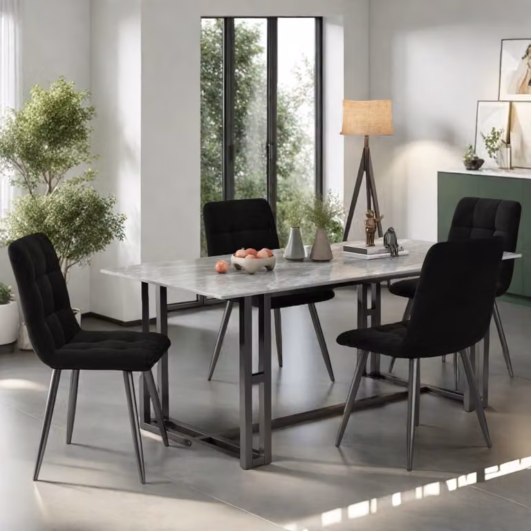 UnboxG set di 4 sedie da pranzo con schienale, sedia da cucina con rivestimento in velluto, sedia in metallo imbottita, sedia ergonomica per tavolo da pranzo, sala da pranzo cucina soggiorno, nero