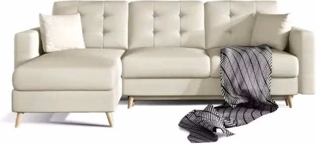 Divano angolare trasformabile MEUBLORAMA beige con funzione letto e struttura in legno scandinavo L/P/H: 248 x 162 x 93 cm