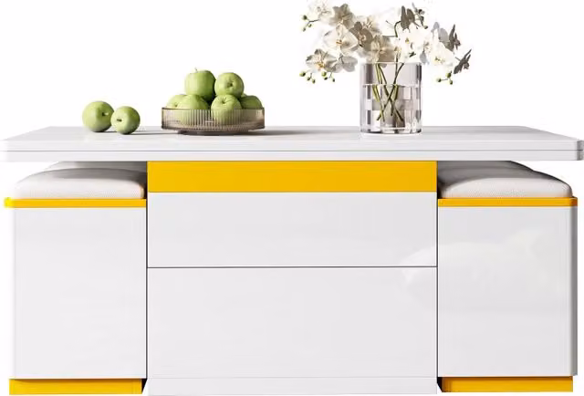Set Tavolino da Caffè Rialzabile REDOM con 4 Sgabelli, Design Moderno, Bianco e Giallo, L: 100 cm, P: 50 cm, H: 43 cm – 1