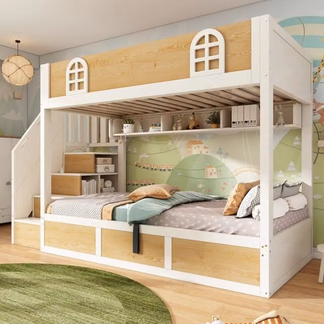 Desviae Letto a castello bambino 90 × 200 cm 2 posti con scala, vani portaoggetti, senza materasso, legno, bianco